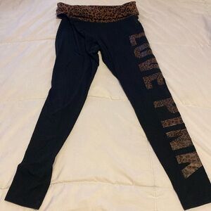 Pink leggings in black with love pink down the left leg in leopard print
